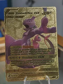 Mewtwo & Mew GX Gold Foil Mint Rare Pokemon TCG Collector Fan Art Card - Image 1