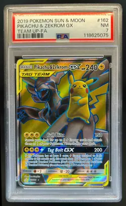 2019 Pokemon Sun & Moon Team Up Pikachu Zekrom Full Art #162/181 PSA 7 - Image 1