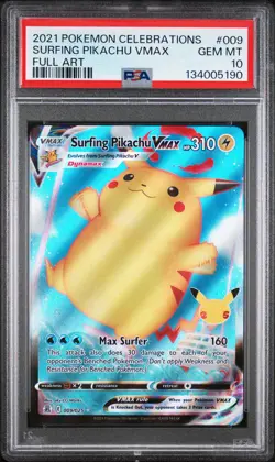 2021 POKEMON CELEBRATIONS #009 FULL ART/SURFING PIKACHU VMAX PSA 10 - Image 1