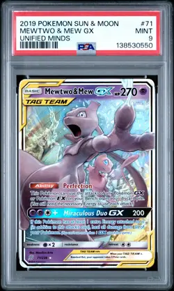 2019 POKEMON SUN & MOON UNIFIED MINDS #71 MEWTWO & MEW GX PSA 9 - Image 1