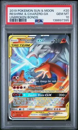 2019 POKEMON SUN & MOON UNBROKEN BONDS 20 RESHIRAM & CHARIZARD GX PSA 10 - Image 1
