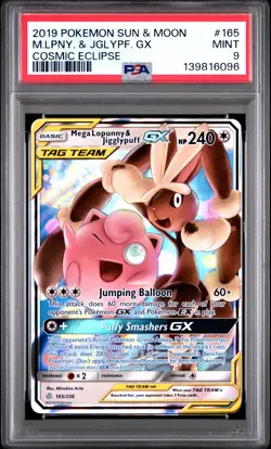 2019 POKEMON SUN & MOON COSMIC ECLIPSE #165 MEGA LOPUNNY & JIGGLYPUFF GX PSA 9 - Image 1