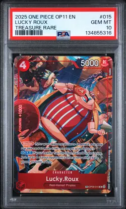 2025 ONE PIECE OP11-A FIST OF DIVINE SPEED TREASURE RARE #015 LUCKY ROUX PSA 10 - Image 1