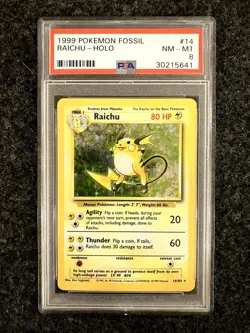 PSA 8 Raichu 14/102 WOTC Base Set Unlimited Holo Rare Pokemon TCG Card - Image 1