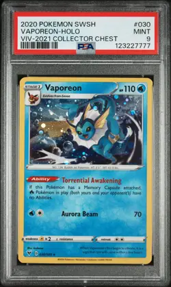 2020 POKEMON SWORD & SHIELD VIVID VOLTAGE #030 VAPOREON-HOLO PSA 9 - Image 1