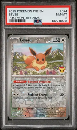 2025 POKEMON PRE EN-PRISMATIC EVOLUTIONS POKEMON DAY 2025 #074 EEVEE PSA 8 - Image 1