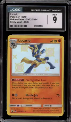 Pokemon Lucario Hidden Fates Holo Rare #SV22 CGC 9 Mint - Image 1