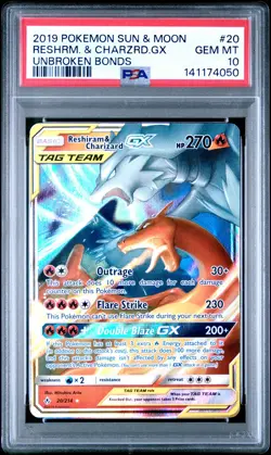 2019 POKEMON SUN & MOON UNBROKEN BONDS #20 RESHIRAM & CHARIZARD GX PSA 10 - Image 1