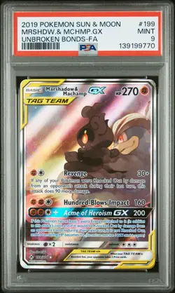 2019 POKEMON SUN & MOON UNBROKEN BONDS FULL ART/MARSHADOW & MACHAMP GX PSA 9 - Image 1