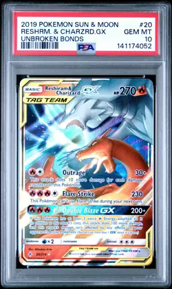 2019 POKEMON SUN & MOON UNBROKEN BONDS #20 RESHIRAM & CHARIZARD GX PSA 10 - Image 1
