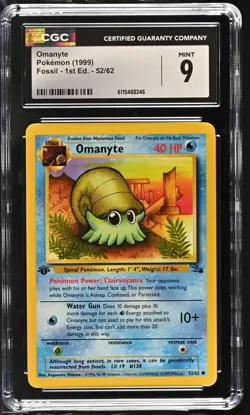 CGC MINT 9 Pokemon Omanyte 52/62 1999 Fossil 1st Edition - Image 1