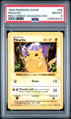 1999 POKEMON BASE SET RED CHEEKS-SHADOWLESS #58 PIKACHU PSA 8 - Image 1