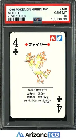 Pokemon 1996 Moltres 146 4 Of Clubs Pokemon Green Playing Card Japanese PSA 10 - Image 1