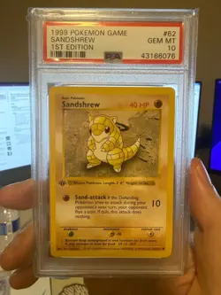 Pokemon PSA 10 GEM MINT Sandshrew 1st Edition Base Set Shadowless 1999 Card #62 - Image 1