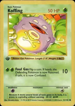 Pokemon 1st Ed. Base Common Koffing 51/102 - Heavy Play (HP) - Image 1