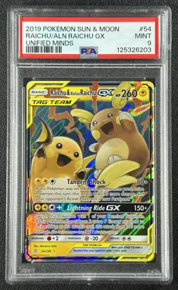 RAICHU & ALOLAN TAG TEAM PSA 9 2019 POKEMON SUN MOON UNIFIED MINDS #54/236 203 - Image 1
