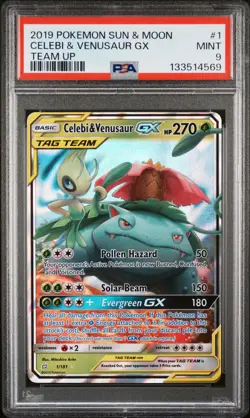 2019 POKEMON SUN & MOON TEAM UP #1 CELEBI & VENUSAUR GX PSA 9 - Image 1