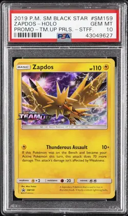 2019 POKEMON SM BLACK STAR PROMO TEAM UP PRERELEASE-STAFF ZAPDOS-HOLO PSA 10 - Image 1