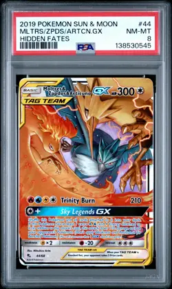 2019 POKEMON SUN & MOON HIDDEN FATES #44 MOLTRES & ZAPDOS & ARTICUNO GX PSA 8 - Image 1