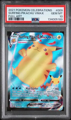 2021 POKEMON CELEBRATIONS #009 FULL ART/SURFING PIKACHU VMAX PSA 10 - Image 1