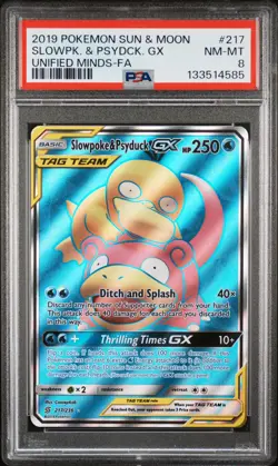 2019 POKEMON SUN & MOON UNIFIED MINDS #217 FULL ART/SLOWPOKE & PSYDUCK GX PSA 8 - Image 1