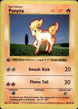 Pokemon 1st Ed. Base Common Ponyta 60/102 - Heavy Play (HP) - Image 1