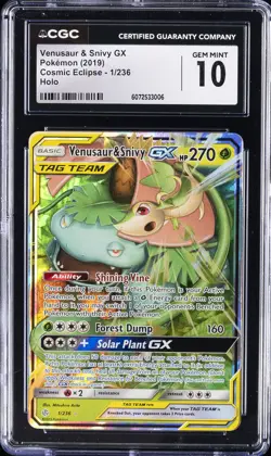 2019 POKEMON COSMIC ECLIPSE HOLO #1/236 VENUSAUR & SNIVY GX CGC 10 GEM MINT - Image 1