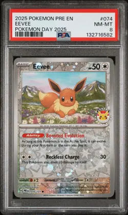 2025 POKEMON PRE EN-PRISMATIC EVOLUTIONS POKEMON DAY 2025 #074 EEVEE PSA 8 - Image 1