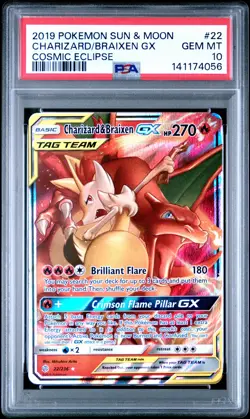 2019 POKEMON SUN & MOON COSMIC ECLIPSE #22 CHARIZARD & BRAIXEN GX PSA 10 - Image 1