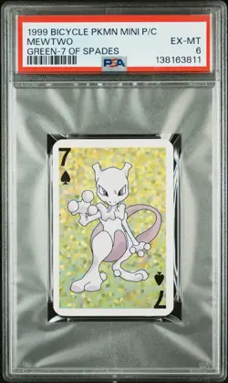 1999 BICYCLE POKEMON MINI PLAYING CARDS GREEN DECK 7 OF SPADES MEWTWO PSA 6 - Image 1