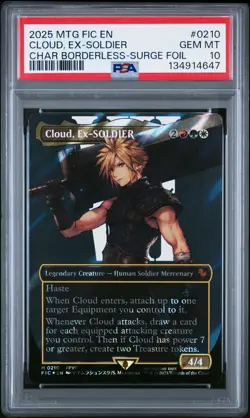 2025 MTG FINAL FANTASY COMMANDER BORDERLESS-SURGE FOIL CLOUD EX-SOLDIER PSA 10 - Image 1