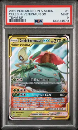 2019 POKEMON SUN & MOON TEAM UP #1 CELEBI & VENUSAUR GX PSA 9 - Image 1