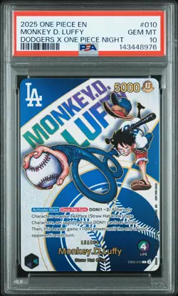 2025 ONE PIECE PROMOS DODGERS X ONE PIECE NIGHT #010 MONKEY D. LUFFY PSA 10 - Image 1