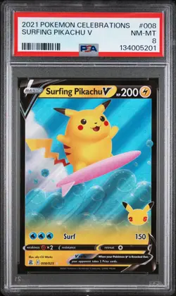 2021 POKEMON CELEBRATIONS #008 SURFING PIKACHU V PSA 8 - Image 1