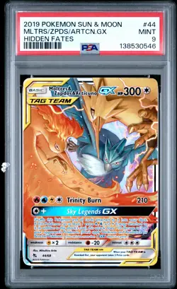 2019 POKEMON SUN & MOON HIDDEN FATES #44 MOLTRES & ZAPDOS & ARTICUNO GX PSA 9 - Image 1