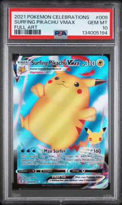 2021 POKEMON CELEBRATIONS #009 FULL ART/SURFING PIKACHU VMAX PSA 10 - Image 1