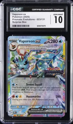 2025 POKEMON PRISMATIC EVOLUTIONS SURPRISE BOX VAPOREON EX CGC 10 GEM MINT - Image 1