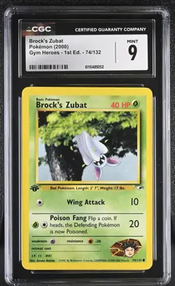 CGC MINT 9 Pokemon Brock's Zubat 74/132 2000 Gym Heroes 1st Edition - Image 1