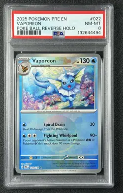 VAPOREON PSA 8 2025 POKEMON PRISMATIC EVOLUTIONS #022/131 REVERSE HOLO POKE BALL - Image 1