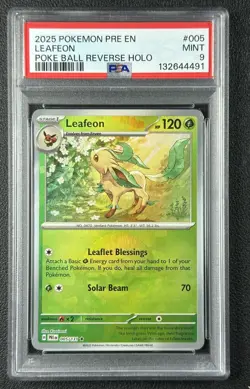 LEAFEON PSA 9 2025 POKEMON PRISMATIC EVOLUTIONS #005/131 REVERSE HOLO POKE BALL - Image 1
