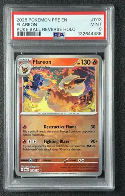 FLAREON PSA 9 2025 POKEMON PRISMATIC EVOLUTIONS #013/131 REVERSE HOLO POKE BALL - Image 1