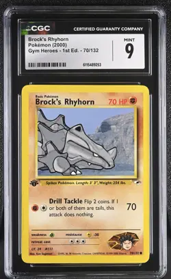 CGC MINT 9 Pokemon Brock's Rhyhorn 70/132 2000 Gym Heroes 1st Edition - Image 1