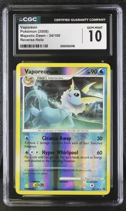 CGC 10 GEM MINT Vaporeon 2008 Majestic Dawn 34/100 Reverse Holo Pokemon Card - Image 1