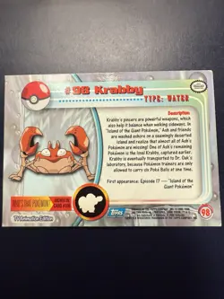 1999 Topps Pokemon TV Animation Series 2 Foil #98 Krabby Blue Label - Image 4