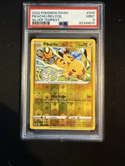 2022 POKEMON SWORD & SHIELD SILVER TEMPEST #049 PIKACHU-REVERSE FOIL PSA 9 - Image 1