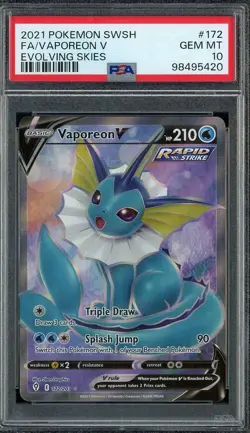 2021 Pokemon Evolving Skies 172/203 VAPOREON V Full Art PSA 10 Gem Mint - Image 1