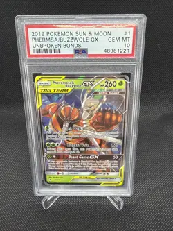 2019 Pokemon Phermsa Buzzwole GX PSA 10 Unbroken Bonds Tag Team #1 - Image 1