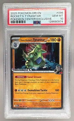 Team Rocket's Tyranitar 2025 Pokemon Destined Rivals #096 Center Promo PSA 10 - Image 1