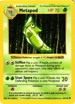 Pokemon TCG Metapod 54/102 Base Set Shadowless DMG - Image 1