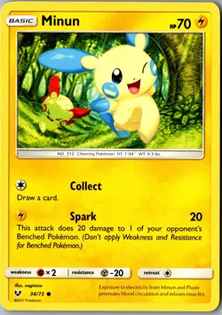 Minun 34/73 Common Shining Legends LP Pokemon Card - Image 1